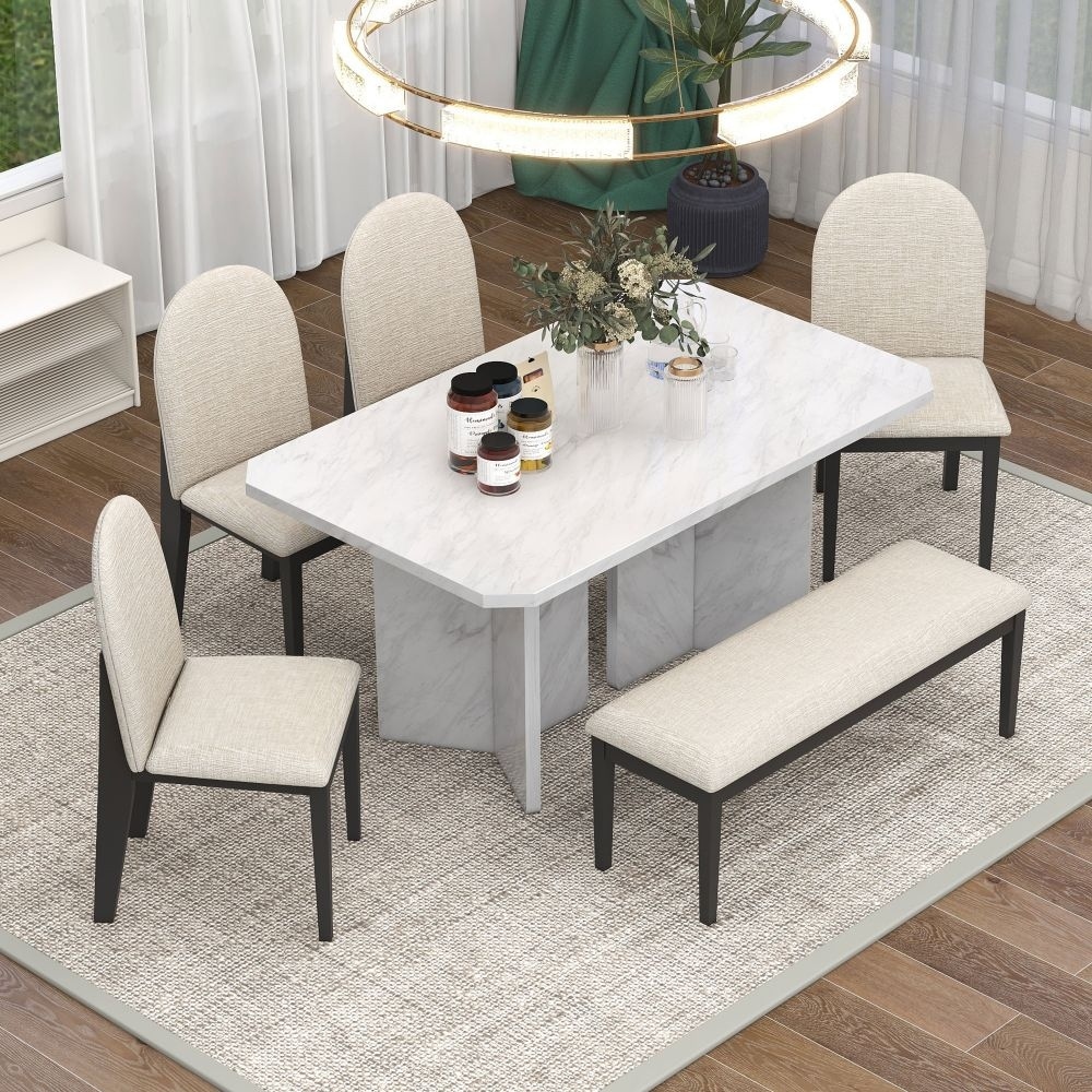 6 Piece Modern Style Dining Set with Faux Marble Table and 4 Upholstered Dining Chairs and 1 Bench