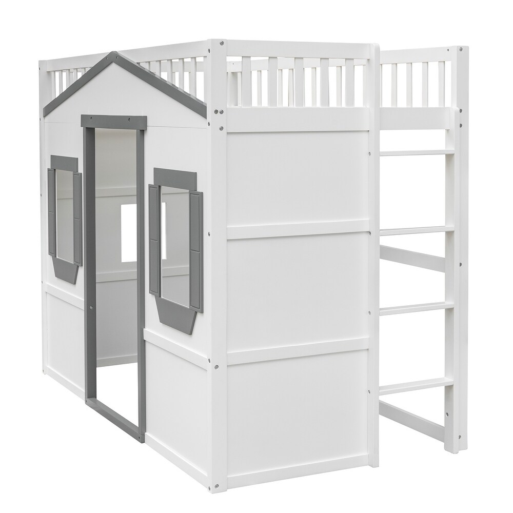 House Loft Bed Twin Kids Playhouse Bed  Solid Wood Loft Bed Frame with Window and Ladder  for Girls Boys  White+Grey