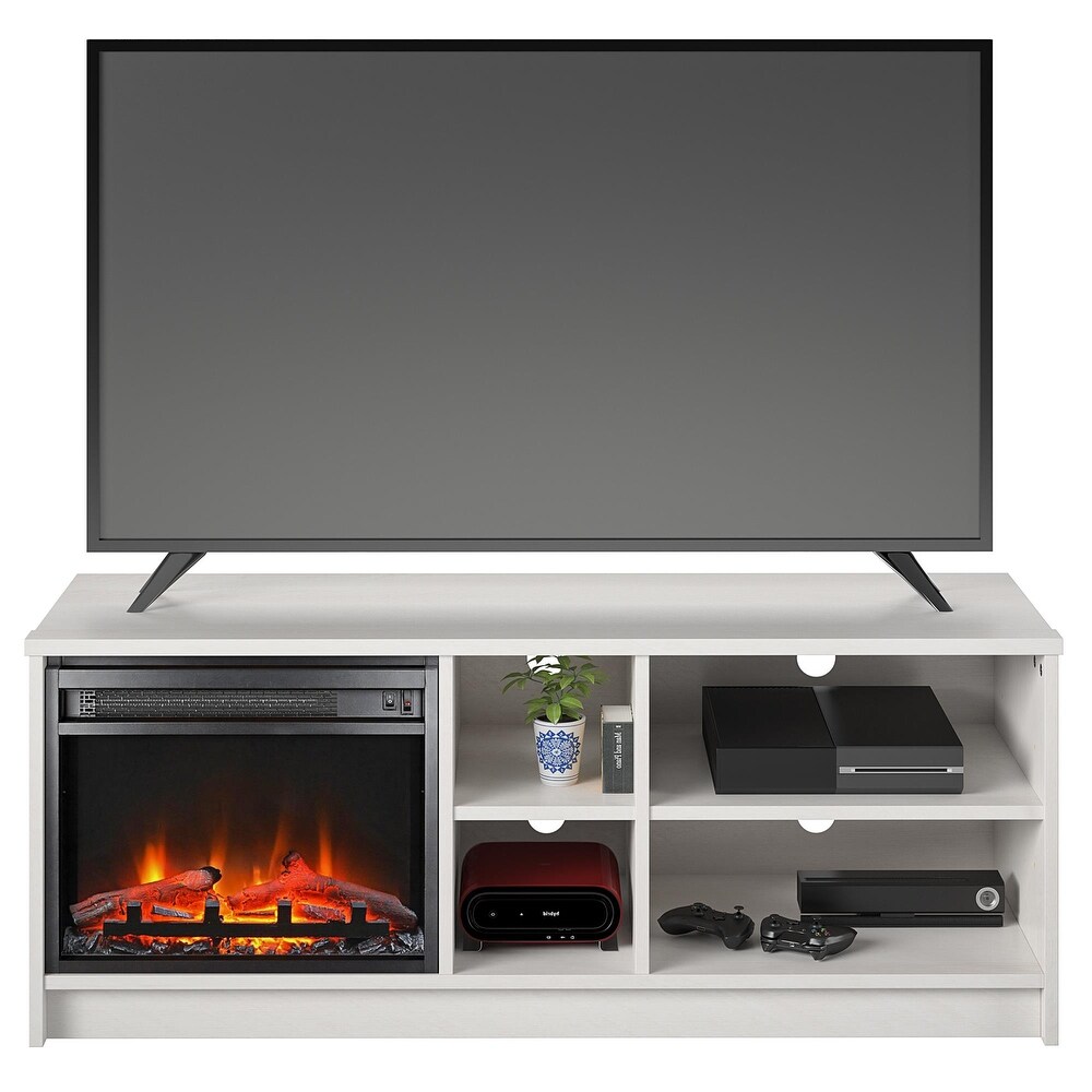 Ameriwood Home Nanton Asymmetrical 55 inch TV Stand with Electric Fireplace Insert and 4 Shelves