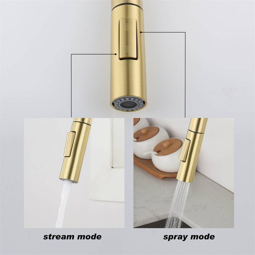 FLG Single Handle Touch On Pull Down Sprayer Kitchen Faucet with Pull Out Spray Wand Stainless Steel Taps in Brushed Gold DD-0027-BG