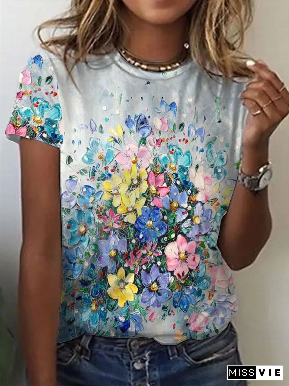 Women's Flower Print Short Sleeve Round Neck Casual Top T-Shirt