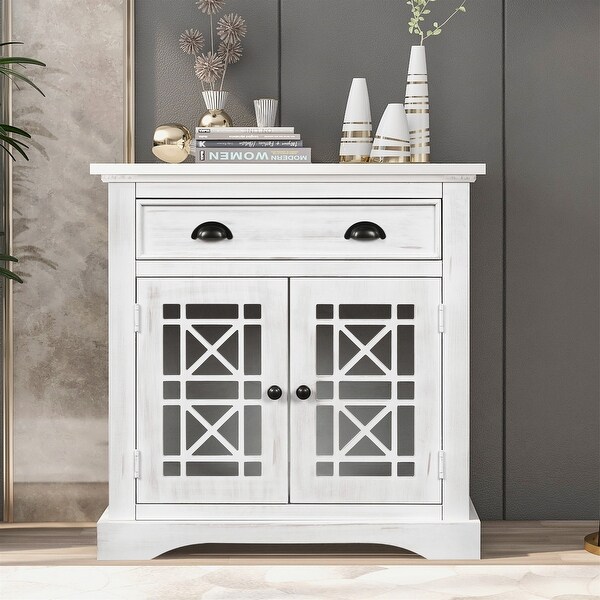 White Retro Storage Cabinet wih Doors Wood Drawer Storage Chest