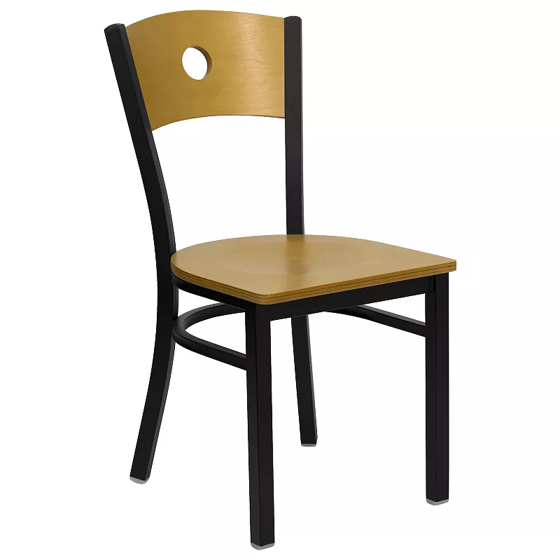 Emma and Oliver Black Circle Back Metal Dining Chair/Natural Wood Back， Black Seat