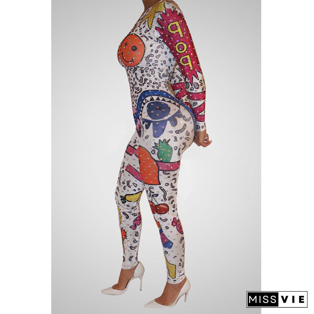 Smiley Graffiti Print Long Sleeve Casual Jumpsuit