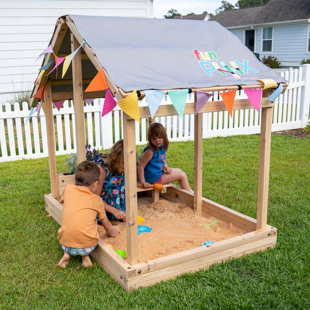 Funphix Dig n' Play Outdoor Wooden Sandbox Playhouse with Bench and Flower Planter Sand Pit for Kids WPHX-2204