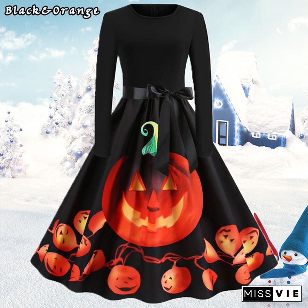 Dresses for Women Party Christmas Round Neck Belt Prom Dresses Halloween Costumes Long Sleeve Dresses Elegant Pumpkin Santa Claus Printed Evening Pleated Dresses