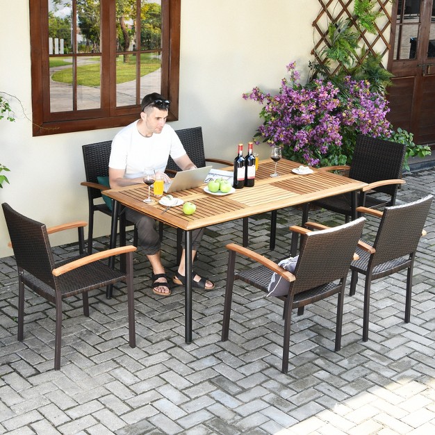 Tangkula 7 Pcs Patio Rattan Dining Furniture Set Armrest Chairs Wooden Table