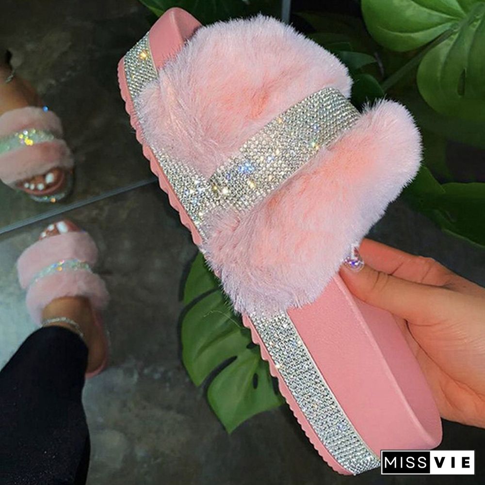 Women's Fashion Furry Slippers Platform Rhinestone Slippers