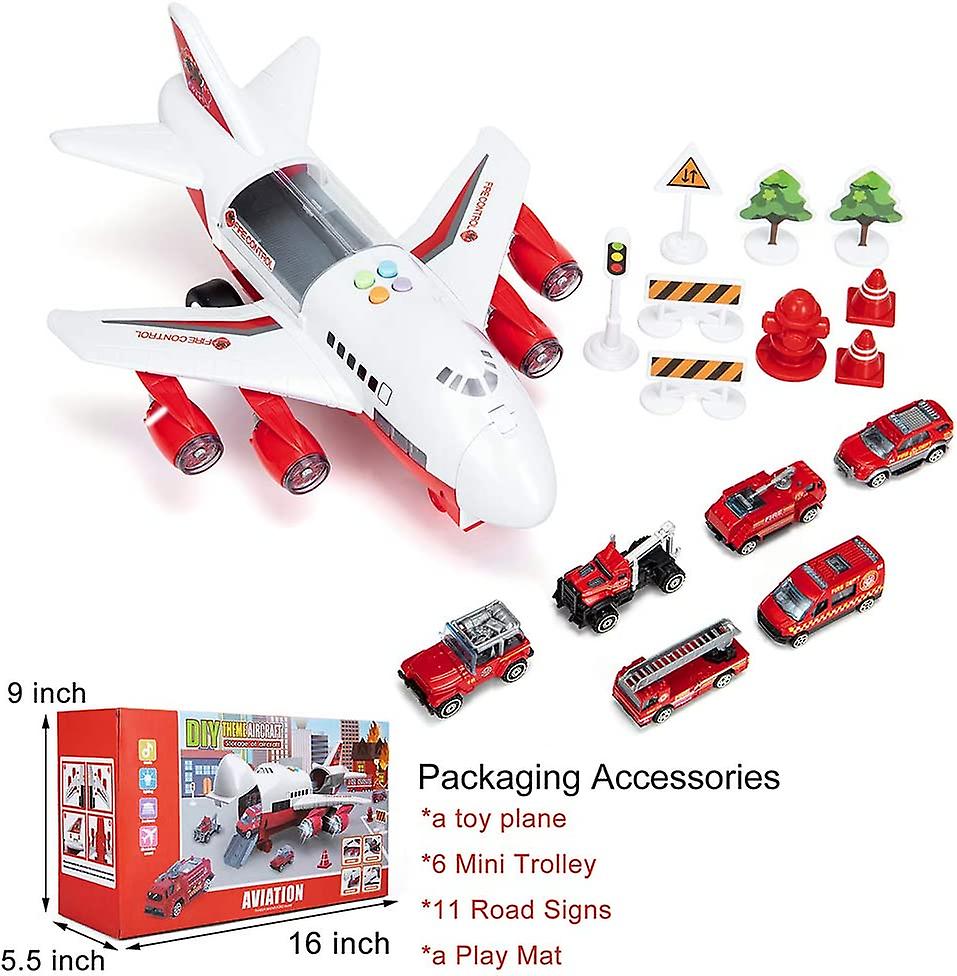 Car Toys Set With Transport Cargo Airplane， Educational Vehicles Fire Fighting Car Set For Kids Toddlers Child Gift For 3 4 5 6 Years Old， Large Play