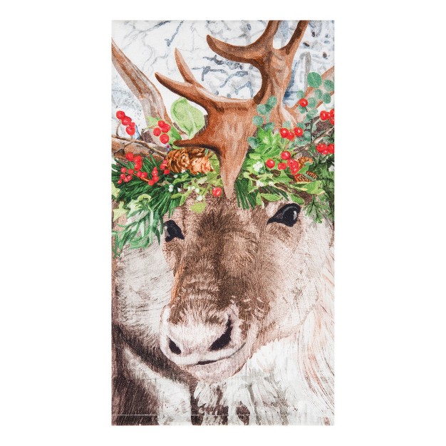 X 18 quot Christmas Holiday Winter Reindeer Wearing Red Holly Flower Crown Printed Cotten Kitchen Dish Towel