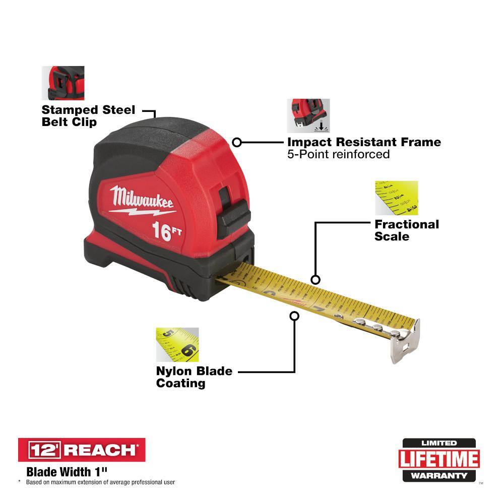 MW Compact 16 ft. SAE Tape Measure with Fractional Scale and 8 ft. Standout 48-22-6616