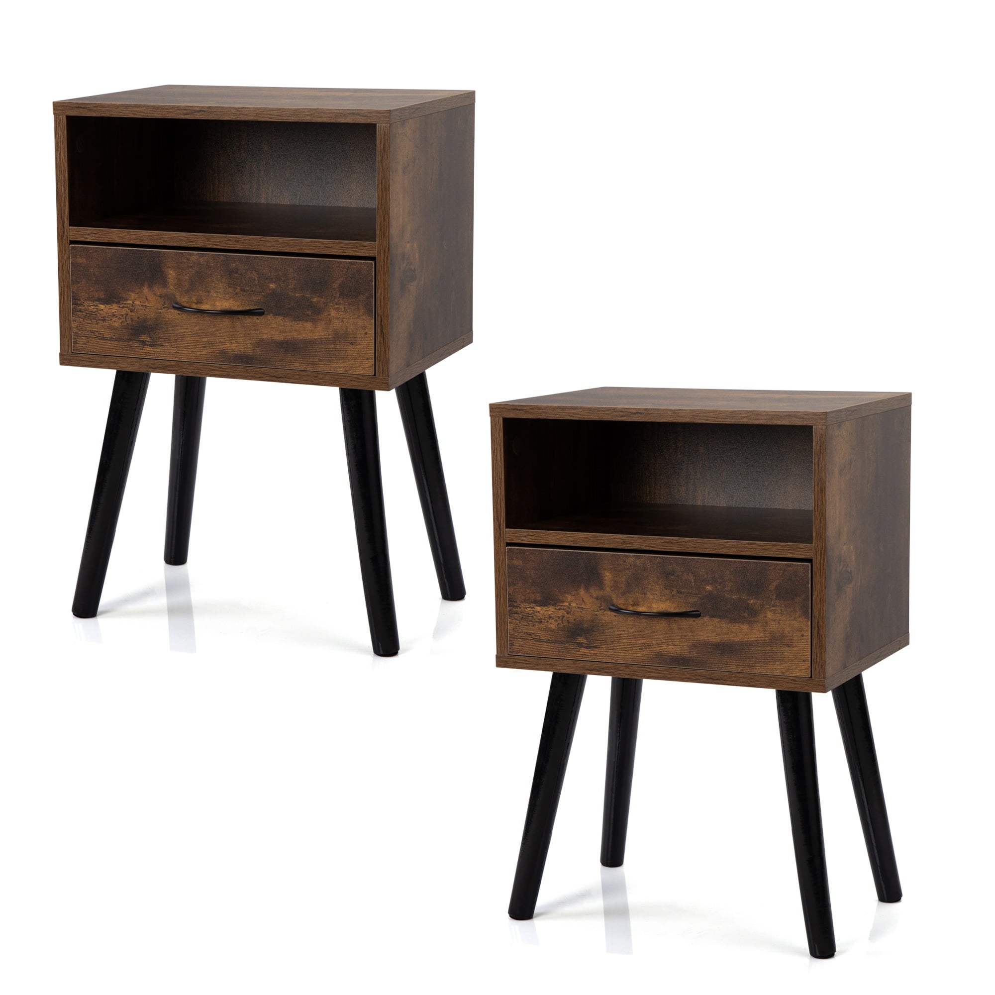 Modern End Tables for Living Room, Simple Side Tables with Storage Drawers for Small Space, Solid Wood Legs Nightstands with Shelf for Bedroom, Nightstands Set of 2, Rustic Brown, D8609