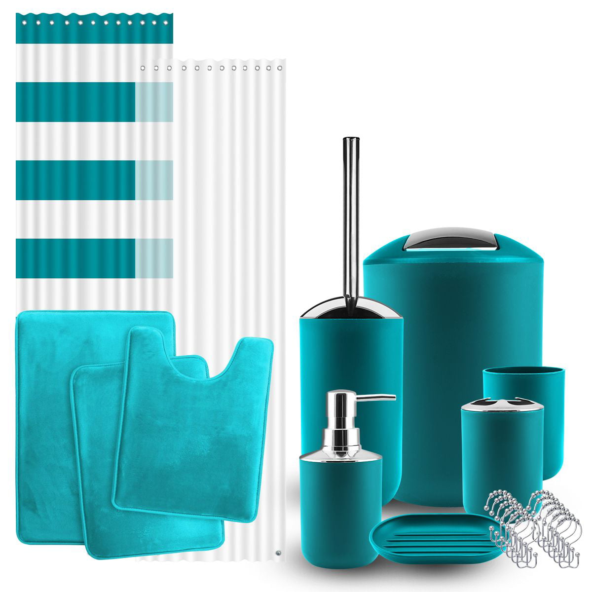 Clara Clark 12 Piece Bathroom Accessory Gift Set， Trash Can， Toothbrush Cup Soap Dish， Tumbler Toilet Brush with Holder， Bathroom Curtains Shower Set， Bath Rug Set Included， Teal Blue