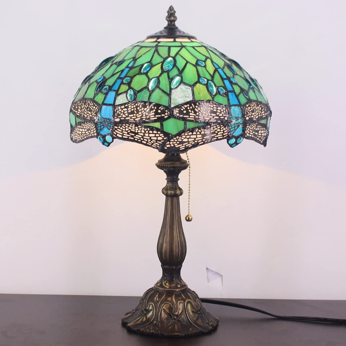 SHADY Tiffany Lamp W12H19 Inch Green Stained Glass Dragonfly Style Table Reading Lamp Nightstand Bedside Desk Light Decor Living Room Bedroom Home Office Work Study Pull Chain Switch