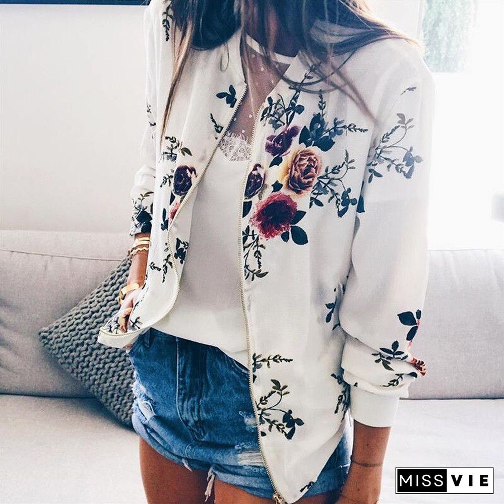 Women Jackets Retro Floral Printed Ladies Zipper Up Bomber Outwear Spring Long Sleeve Short Thin Slim Casual Pocket Biker Coats