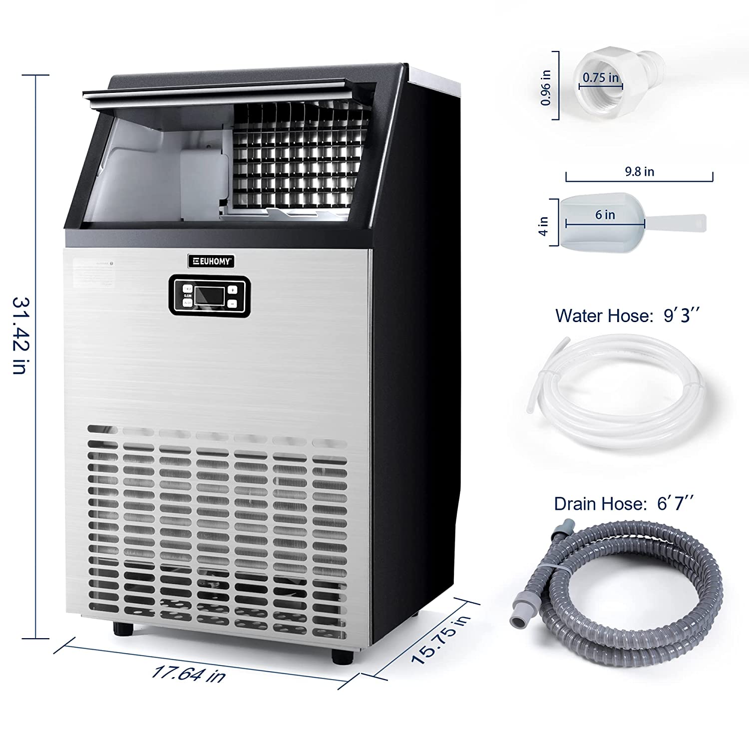 Euhomy Commercial Ice Machine, 2 Way Water Supply 100lbs/24H Stainless Steel Under Counter ice Machine with 33lbs Capacity