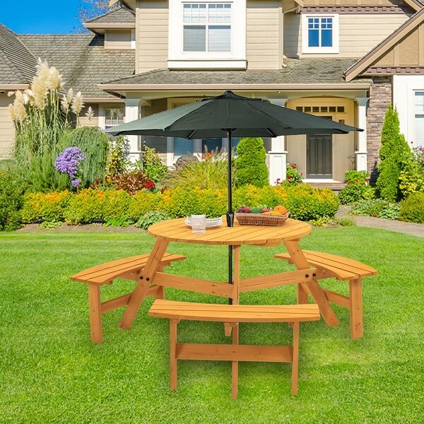 6Person Circular Outdoor Wooden Picnic Table Set