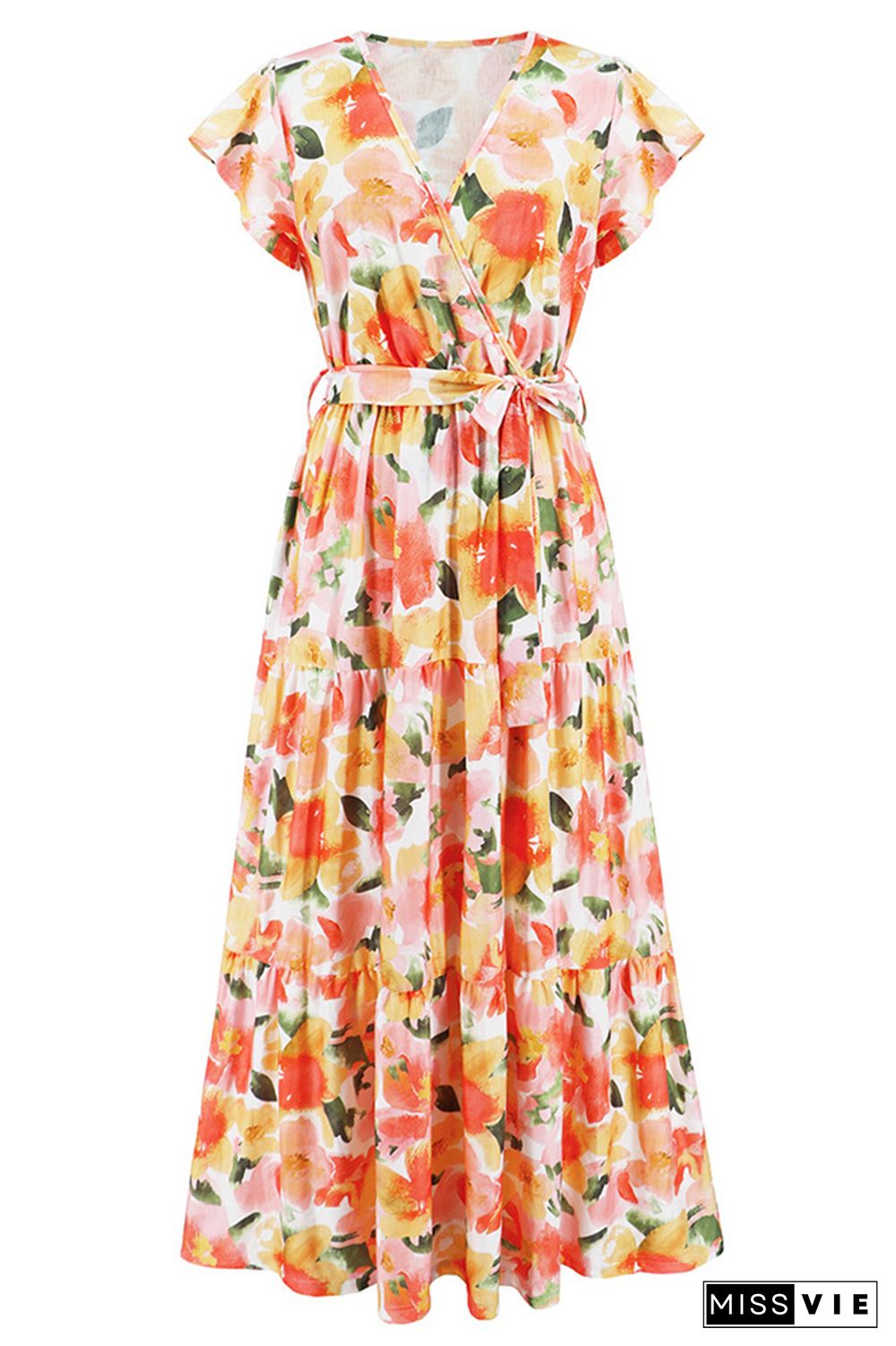 V Neck Flare Sleeves Floral Maxi Dress With Sash