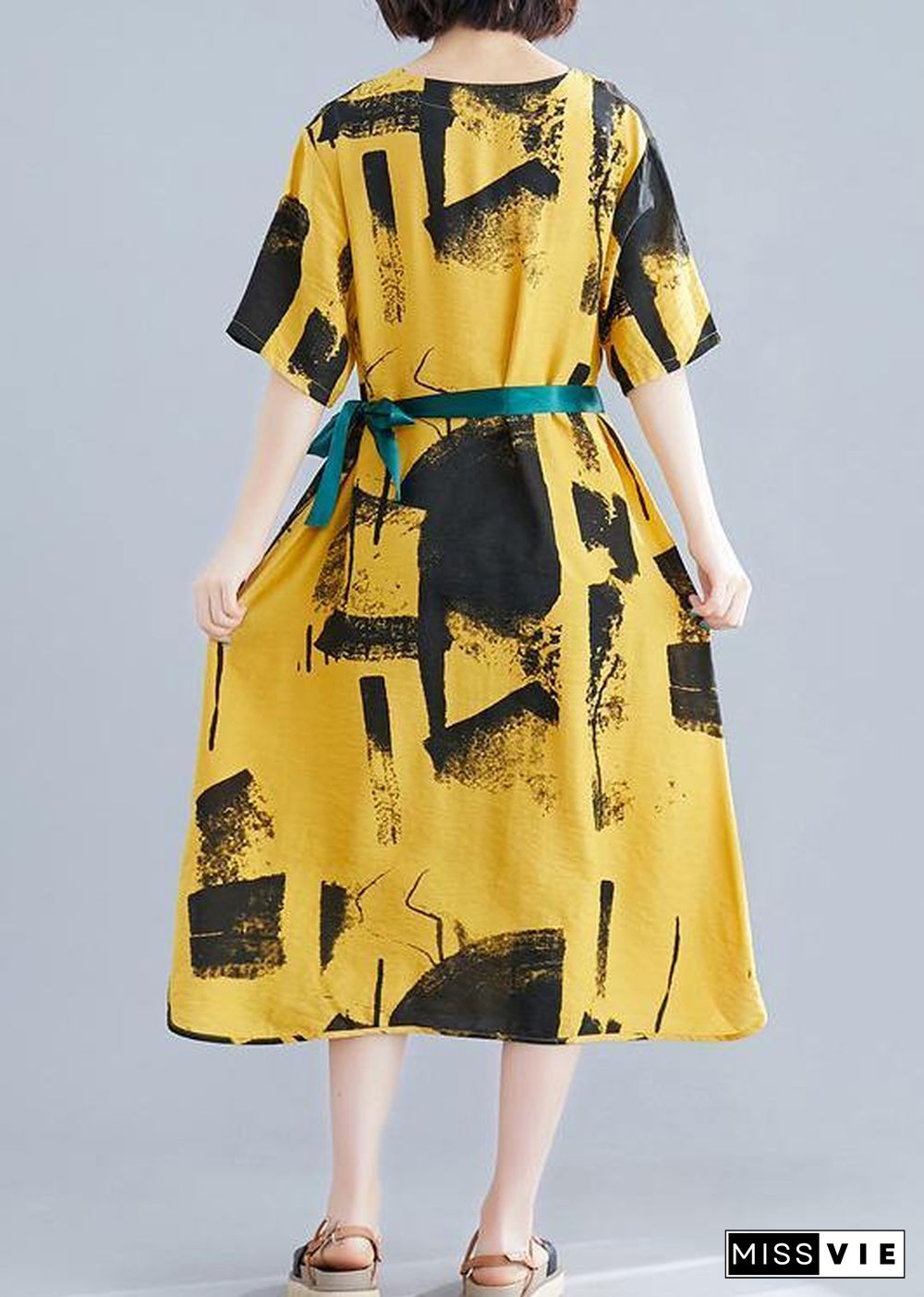 Elegant yellow print cotton Tunic o neck tie waist A Line summer Dresses