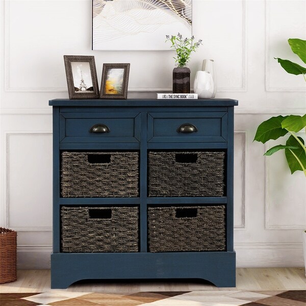 Wicker locker control table， two drawers and four classic rattan baskets