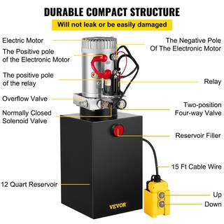 VEVOR 12 qt. 12-Volt 3200 PSI Hydraulic Power Pump Electric Dump Trailer Pump with Steel Reservoir for Car Lift 12LDZYCZYYBTX0001V0