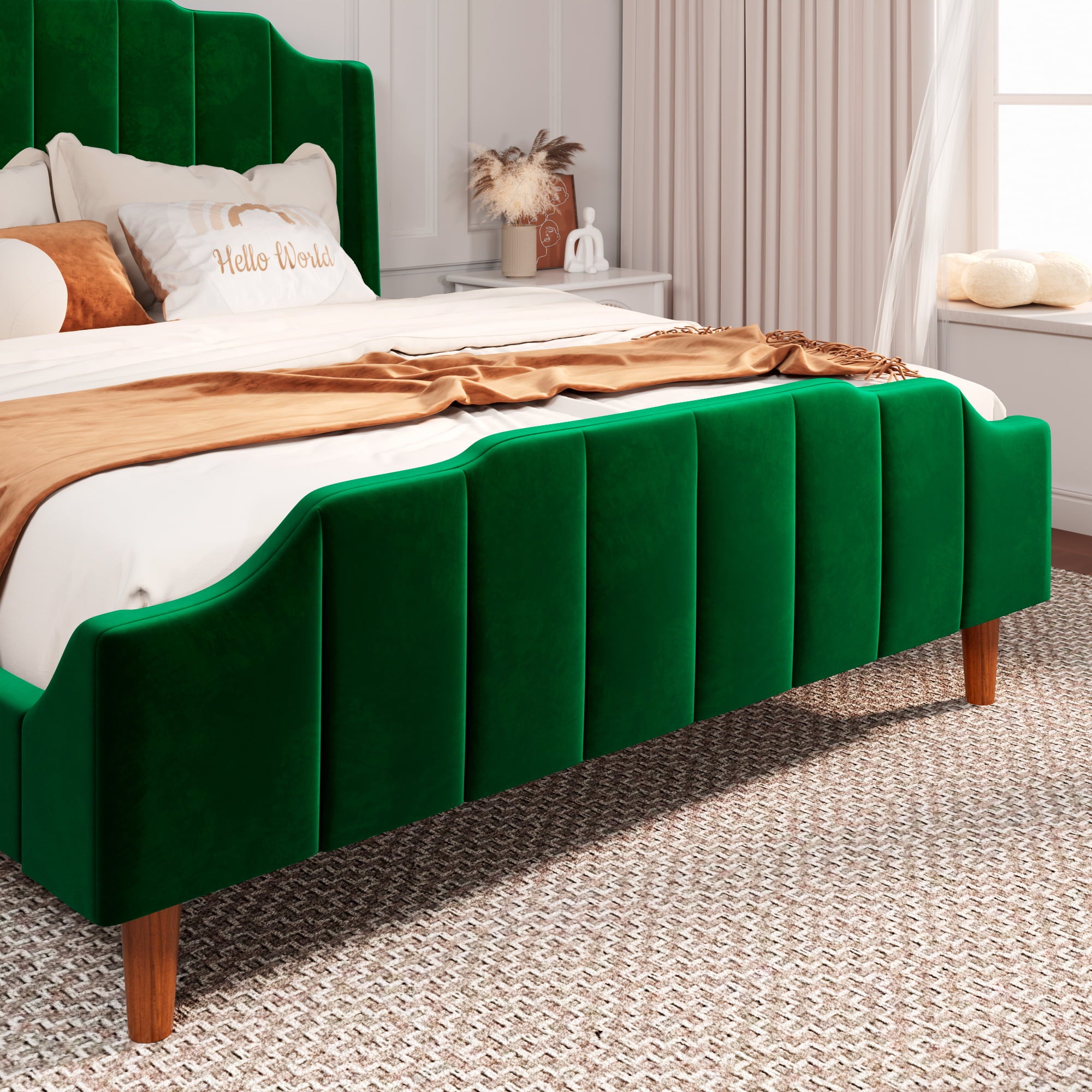 Allewie Queen Size Velvet Platform  Bed with Modern Curved Upholstered Headboard and Footboard, Green