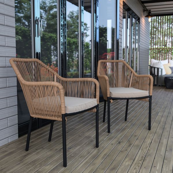 Kallie Set of 2 All-Weather Natural Woven Stacking Club Chairs with Rounded Arms and Ivory Zippered Seat Cushions