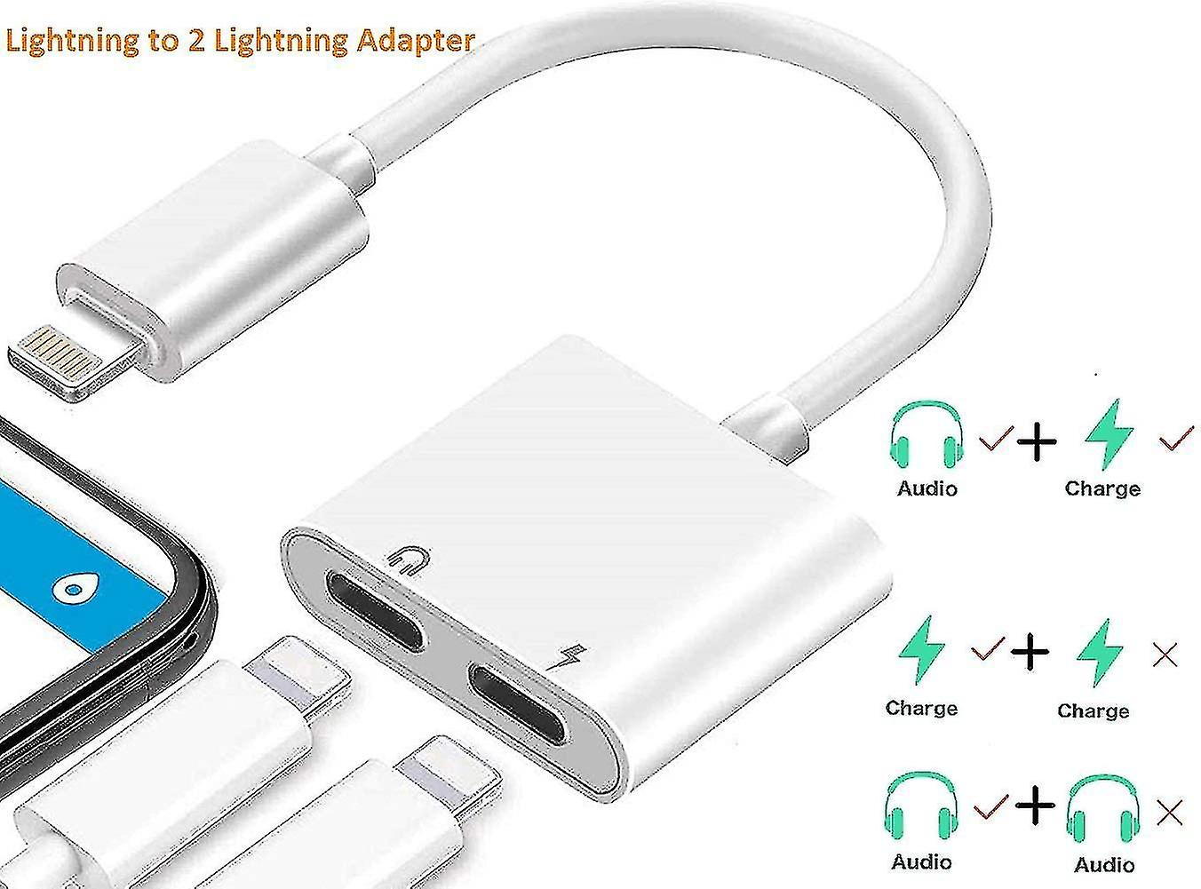 2pack Iphone Lightning To 2 Lightning Adapter， Dual Lightning Aux + Charger Adapter Dongle Cable Splitter Compatible With Iphone 12/11/se/x/xr/xs/8/7/