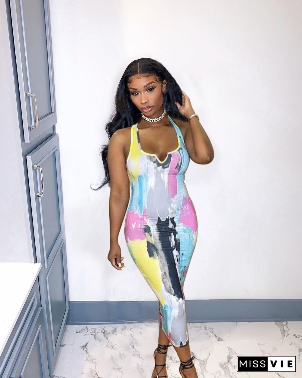 Women Graffiti Print Slim Fit Sleeveless Fashion Summer Evening Party Bodycon Long Maxi Dress