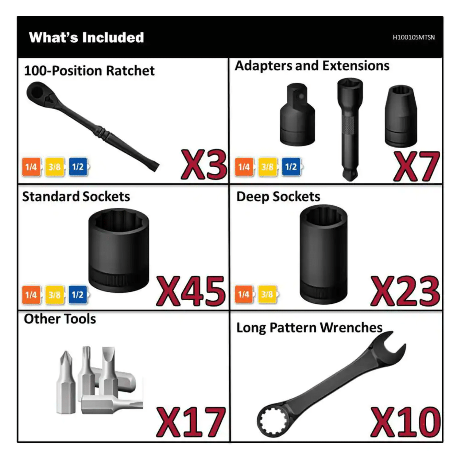 Husky SAE Drive 100-Position Universal and Metric Mechanics Tool Set (105-Piece)， H100105MTSN
