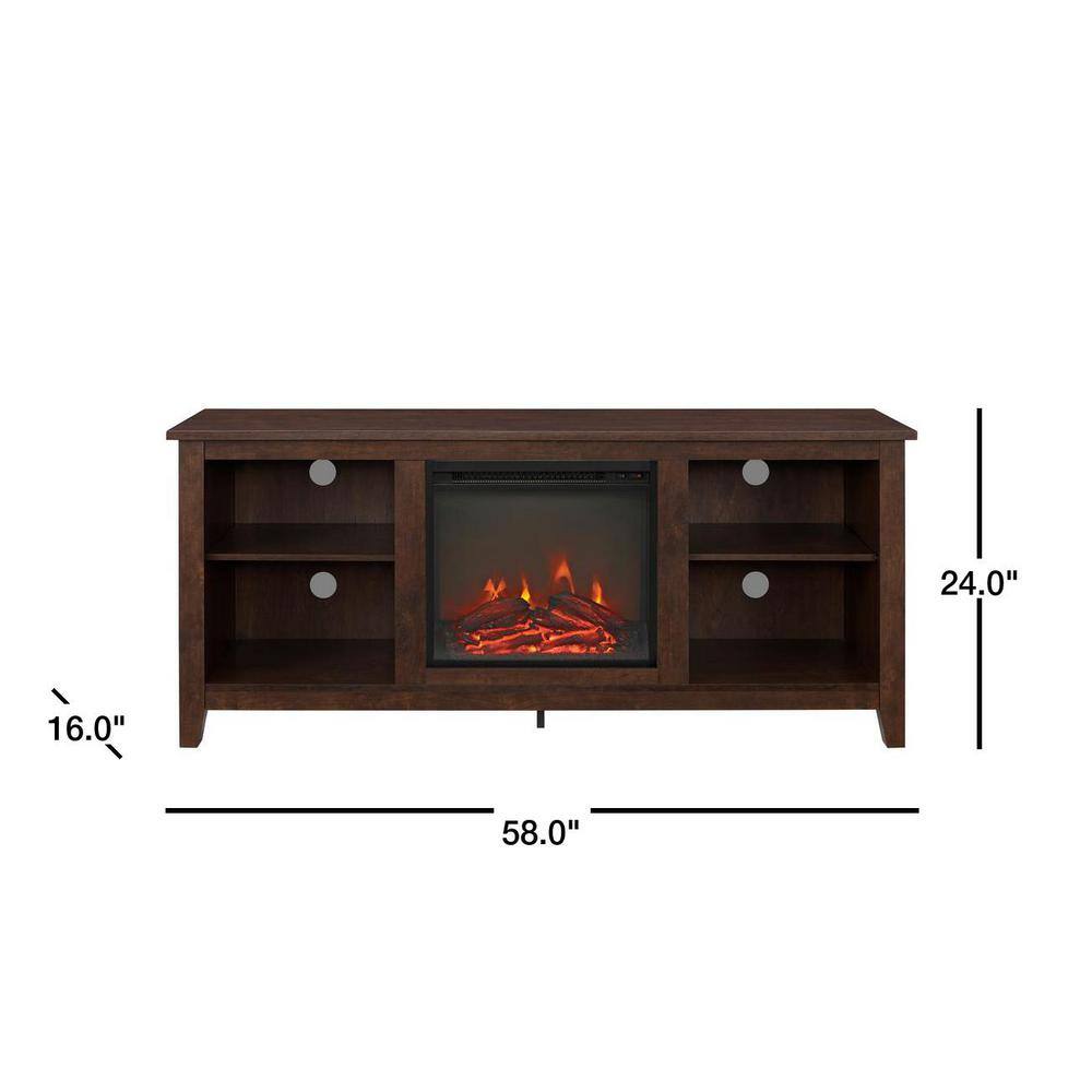 Walker Edison Furniture Company Essential 58 in. Brown TV Stand fits TV up to 60 in. with Adjustable Shelves Electric Fireplace HD58FP18TB