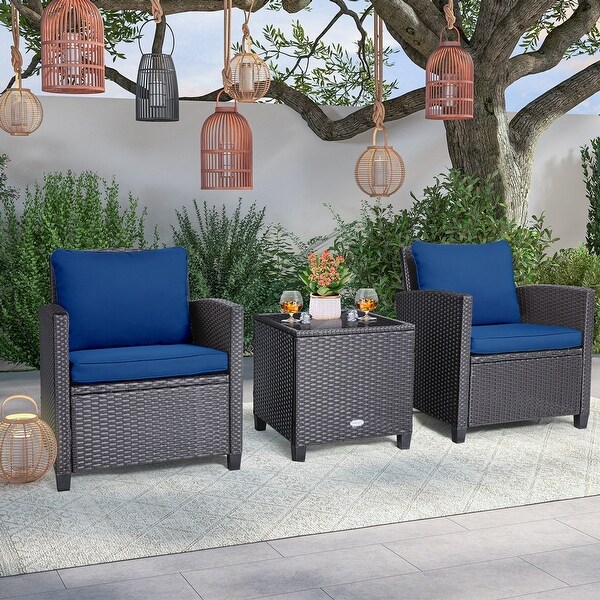 Costway 3PCS Patio Wicker Furniture Set with Beige and Navy Cushion