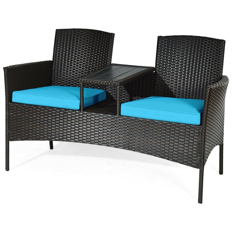 Rattan Outdoor Loveseat Bistro Set with Built-in Coffee Table & Cushions, Wicker Patio Conversation Set