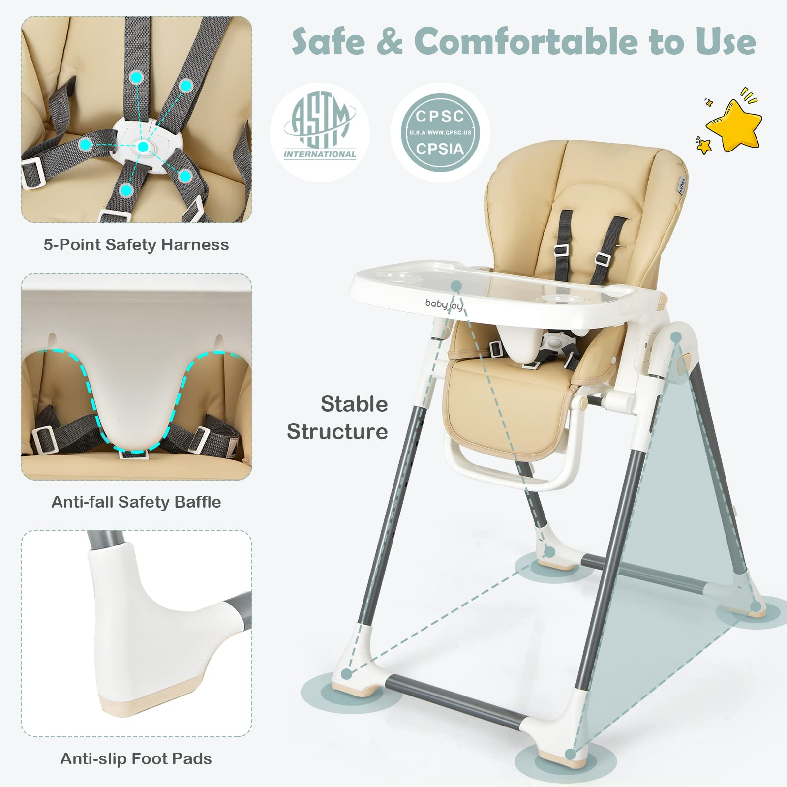 High Chair for Babies & Toddlers, Foldable High Chair w/ Adjustable Height/Backrest/Footrest