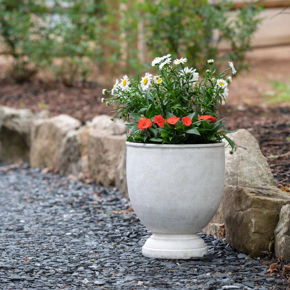 Vigoro 16 in. Wilton Large White Stone Resin Urn Planter (16 in. D x 18 in. H) With Drainage Hole HDR-094241