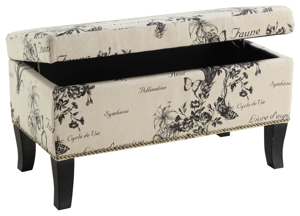 Stephanie Ottoman Botanical Linen  32W X 16D X 18H  Black   Transitional   Footstools And Ottomans   by Linon Home Decor Products  Houzz