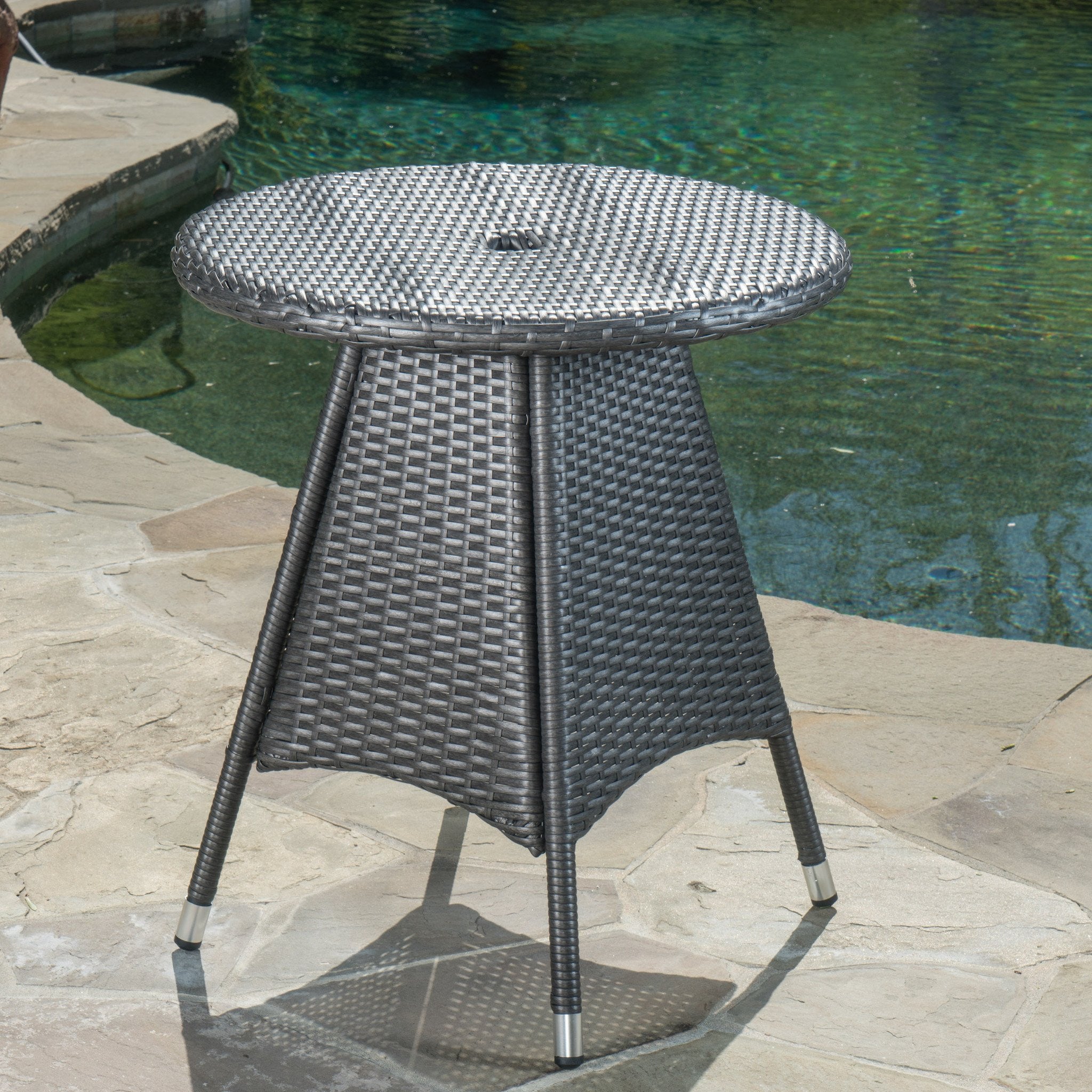 Bristle Outdoor Round Gray Wicker Bistro Table with Umbrella Hole