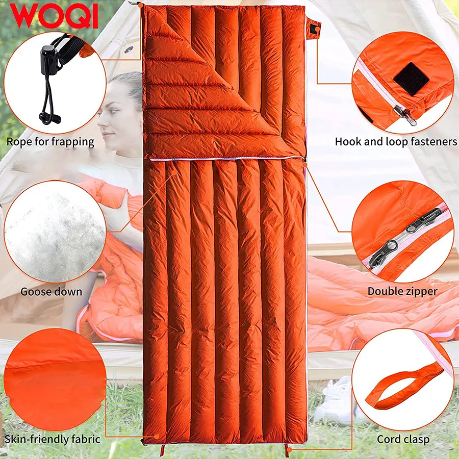 Woqi Warm Compact Ultralight Waterproof Nylon Envelop Duck Down Sleeping Bag For Camping Hiking