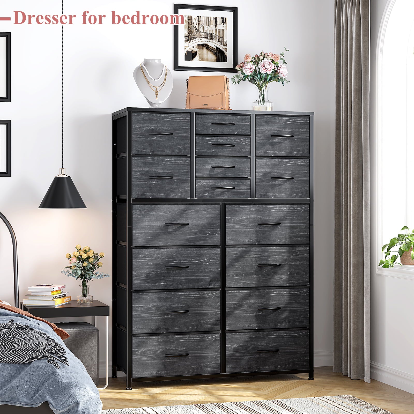 EnHomee Tall Dresser for Bedroom Dresser with 16 Drawers Fabric Large Dresser Closet Dresser Slim Chest of Drawers Storage Tower for Living Room, Office, Bedroom, Charcoal Black Wood Grain Print