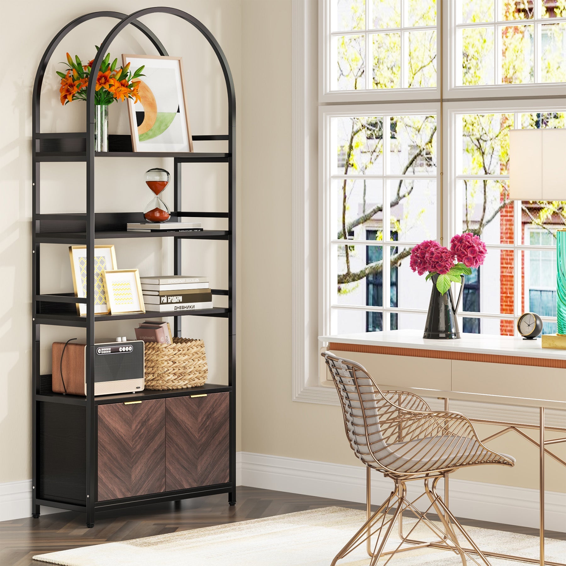 4-Tier Bookshelf with Cabinet, 75.9 Tall Etagere Bookcase with Door