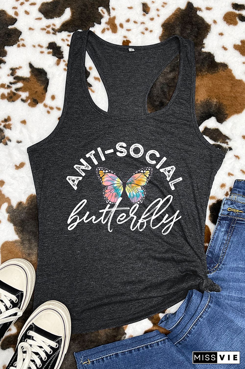 Anti- Social Butterfly Printed Sleeveless Tank Top Wholesale