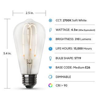 Feit Electric 40-Watt Equivalent ST19 DImmable M Shape Filament Clear Glass Vintage Edison LED Light Bulb Soft White (4-Pack) ST1940MCL927CAHDRP4