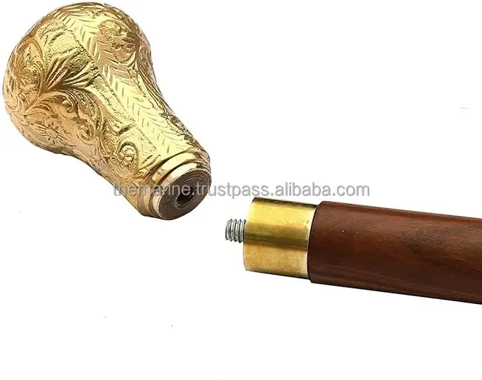 Solid Brass Gold Designer Knob Handle with Brown Wooden Walking Stick High Quality Folding Walking Cane For Old Age Person