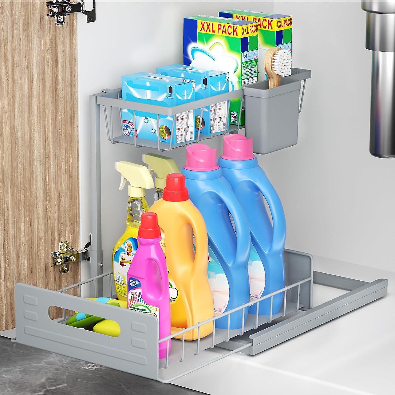 Under Sink Organizers， 2-tier Sliding Under Bathroom Sink Storage Pull Out Cabinet Organizer Metal Material Multi-purpose For Kitchen Bathroom， White，