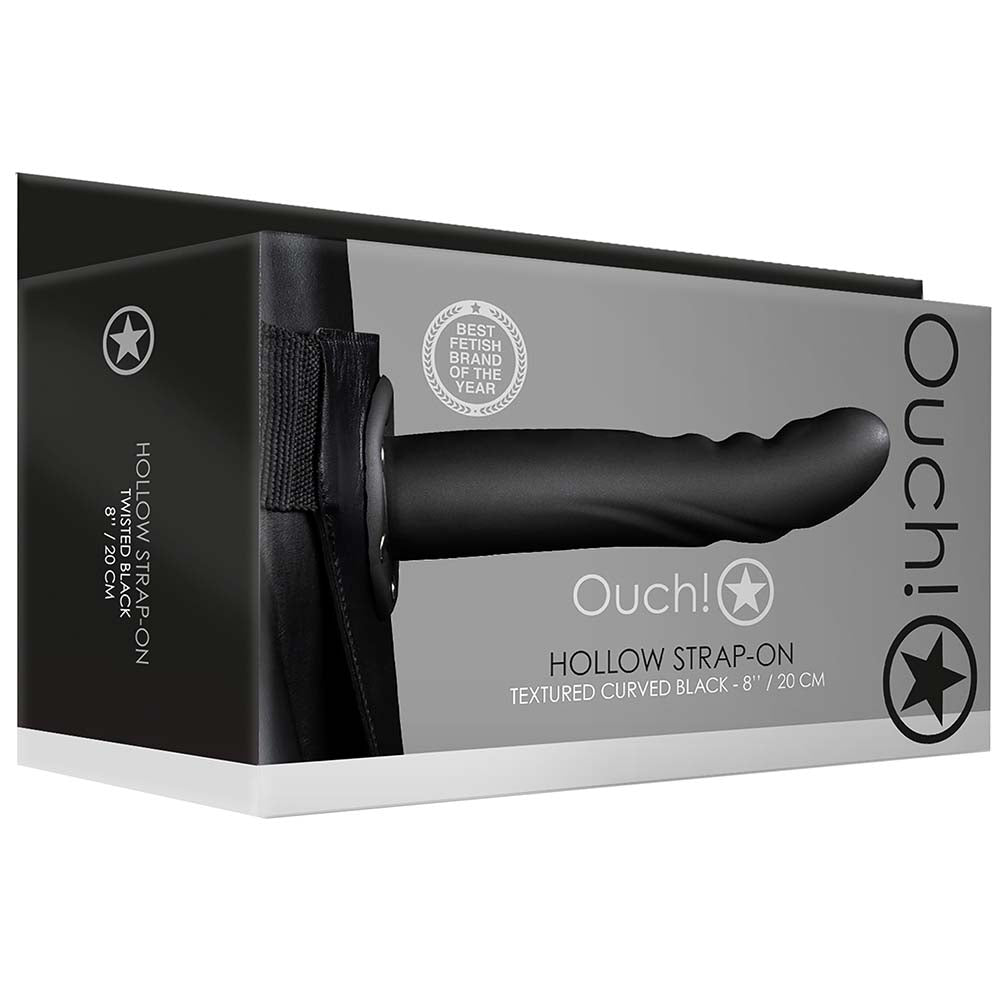 Ouch! Textured Curved 8 Inch Hollow Strap-On in Black