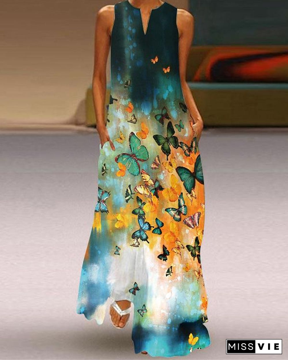 Western Style Sleeveless Pockets Printed Long Dress