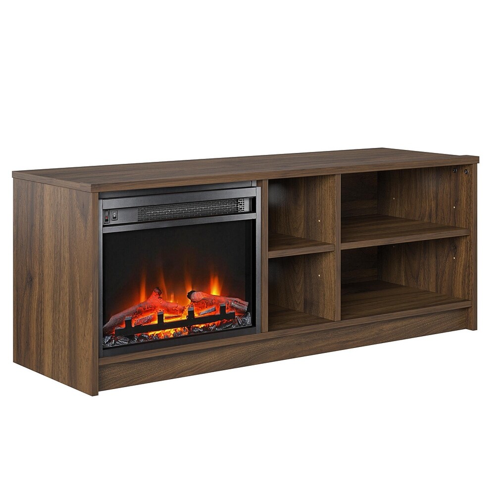 Ameriwood Home Nanton Asymmetrical 55 inch TV Stand with Electric Fireplace Insert and 4 Shelves