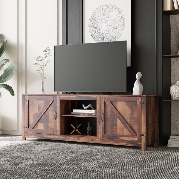 Farmhouse TV Stand， Wood Entertainment Center Media Console with Storage