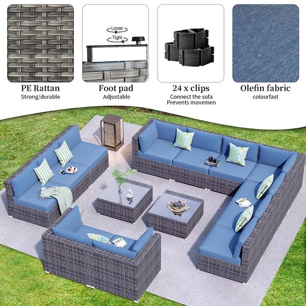 OVIOS 14piece Deep Seat Wicker Conversation Sectional Set with Glasstop Table