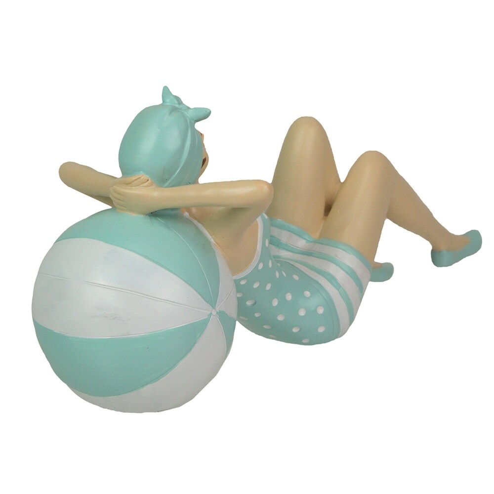 Retro Beach Girl Laying On Beach Ball In Blue Swimsuit Statue   5.5 X 11.75 X 5 inches